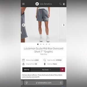 NWT Lululemon Scuba Mid-Rise Oversized Short 7" *Graphic
Solar Grey